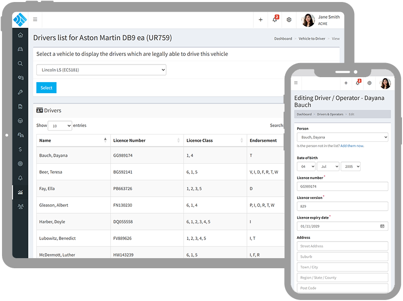 screenshots of Drivers & Operators on a tablet and phone