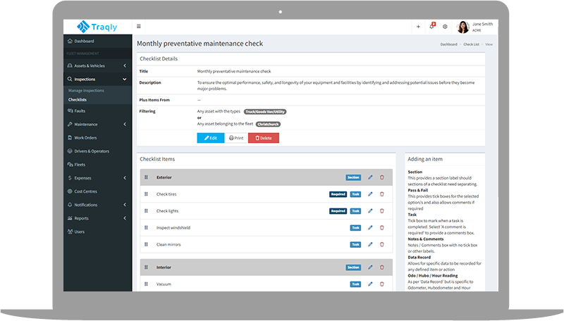 screenshot of Inspections & Checklists on a laptop screen