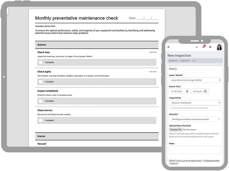 screenshots of Inspections & Checklists on a tablet and phone