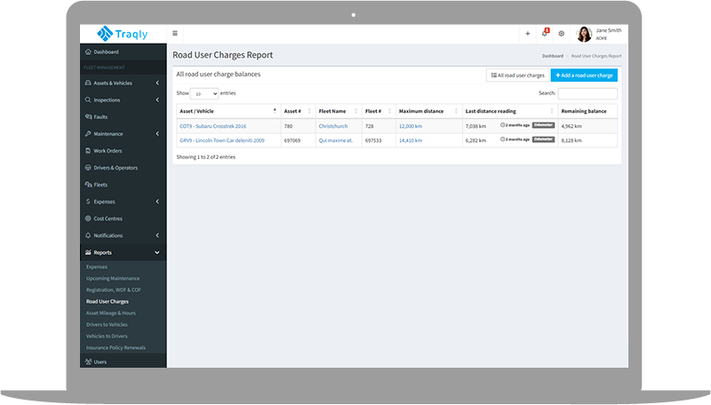 screenshot of Road User Charges (RUCs) on a laptop screen