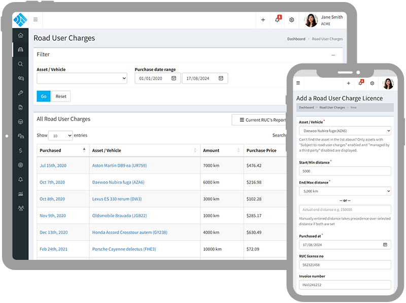 screenshots of Road User Charges (RUCs) on a tablet and phone